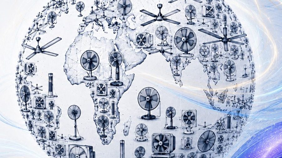 A globe formed of fans, representing global demand for Indian-made fans